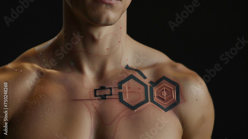 A chest tattoo with biometric sensors that measure body temperature and transmit the data to a monitoring system for early detection of fevers or illnesses.