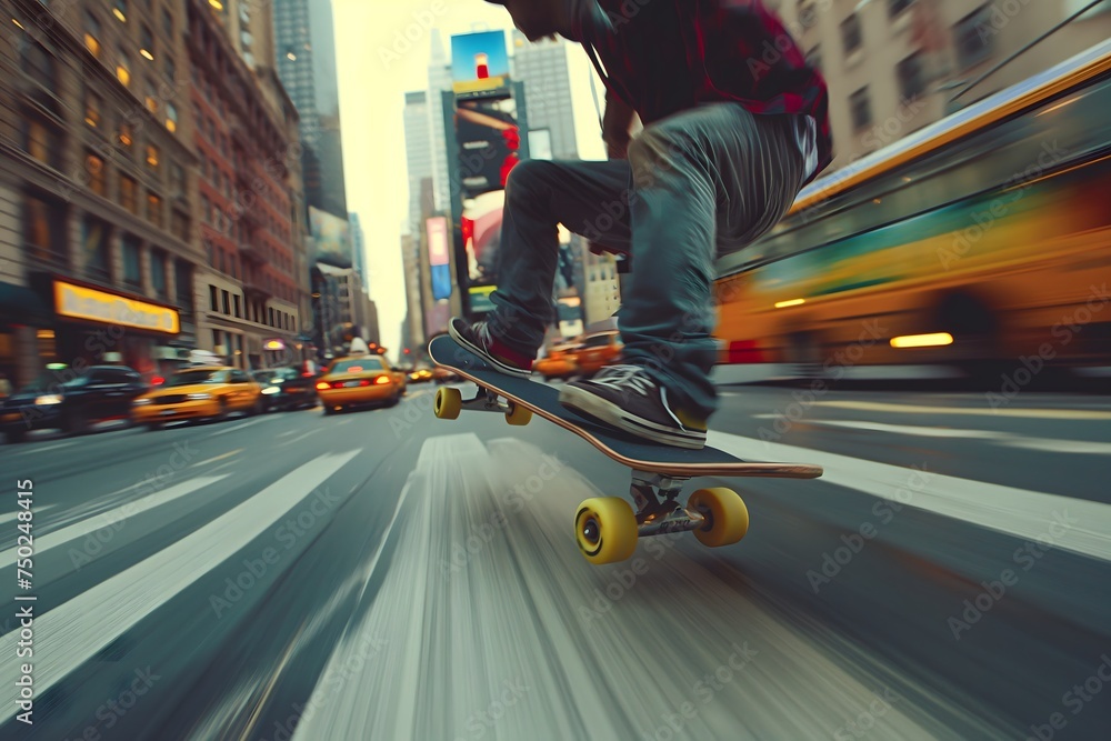 Dynamische Aufnahme eines Skateboarders auf den Straßen einer großen Stadt, Action und Geschwindigkeit - obrazy, fototapety, plakaty 