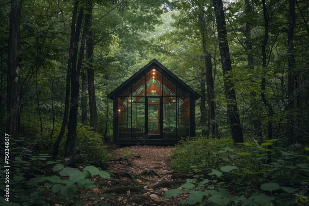 Cabin With Glass Door in Forest