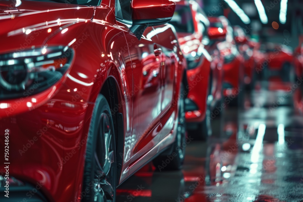 Row of Red Cars Parked in Garage