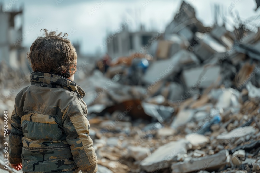 Little Boy Stands Before Pile of Rubble