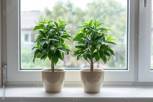 Two potted houseplants on a windowsill against a window with a garden view.