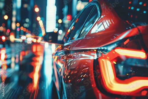 Car Driving Through City Street at Night