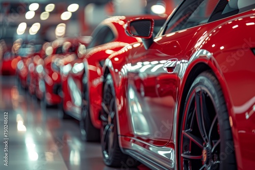 Row of Red Sports Cars in Showroom