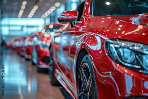 Row of Red Cars Displayed in Showroom