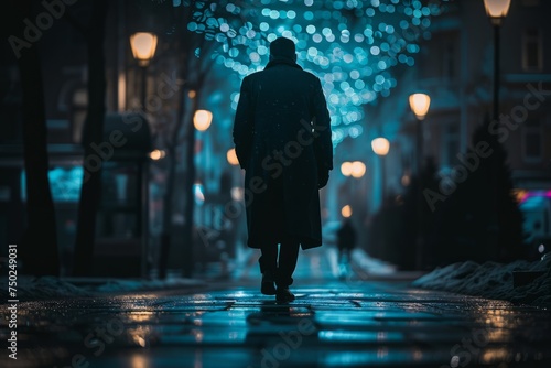 Man Walking Down Street at Night