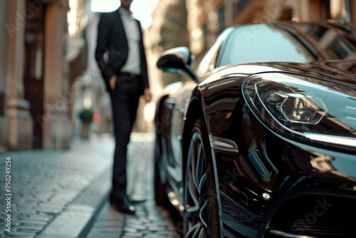 Man Standing Next to Black Sports Car