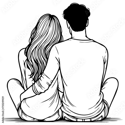 A Couple Sit Together Sketch Drawing.