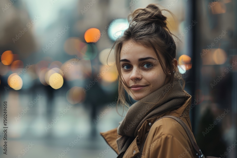 Woman Standing on City Street at Night