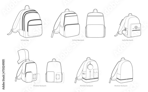 Set of School, Modular backpacks silhouette bag. Fashion accessory technical illustration. Vector schoolbag front 3-4 view for Men, women, unisex style, flat handbag CAD mockup sketch outline isolated