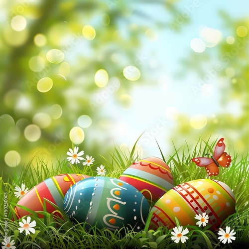 illustration of colorful egg lying on the grass with flowers and butterfly for celebrate easter