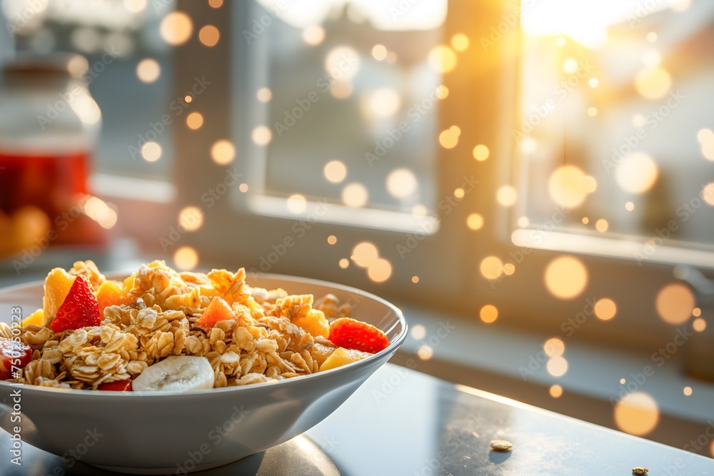 Gesundes Müsli am Morgen, Haferflocken mit Obst in der Küche, Konzept gesunde Ernährung, gesundes Frühstück Gesundes Müsli am Morgen, Haferflocken mit Obst in der Küche, Konzept gesunde Ernährung, gesundes Frühstück