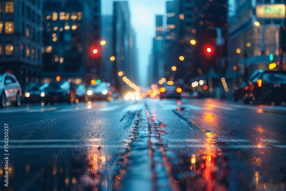Wet City Street With Red Traffic Light
