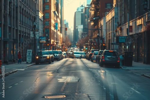 Busy City Street With Traffic and Tall Buildings