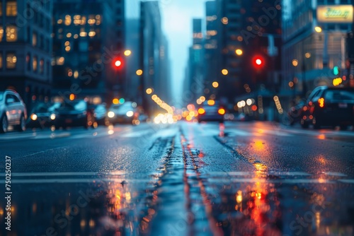 Wet City Street With Red Traffic Light