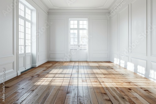 Minimalist Empty Room With White Walls and Wooden Floors © Ilugram