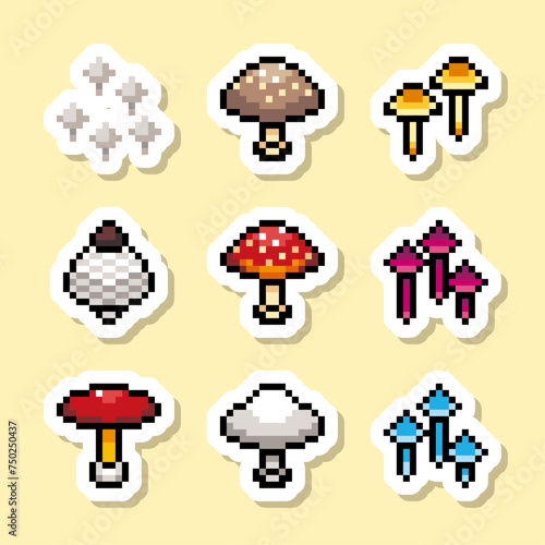 9種類のキノコのピクセルアート ラベル