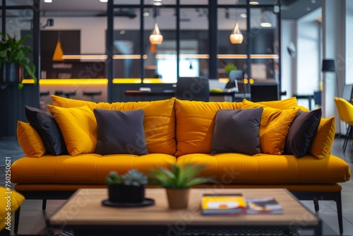 Modern Living Room With Yellow Couch and Coffee Table