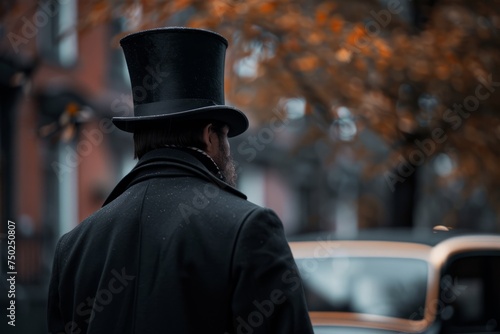 Elegant Man in Top Hat Walking Street