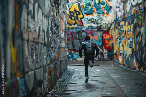 Man Walking Along Graffiti-Covered Street