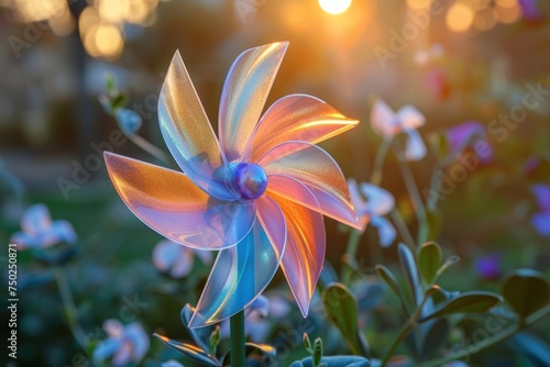 A pastel-colored pinwheel spinning in a garden at sunset.