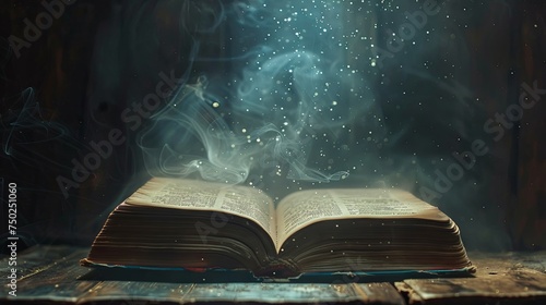 Magic open book with sparkle smoke mist concept wallpaper background