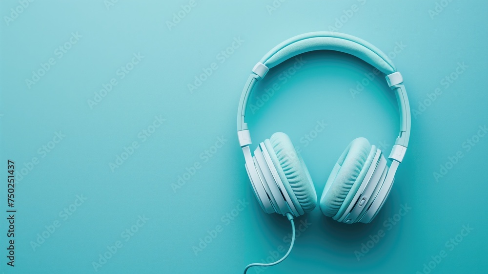 Sleek white over-ear headphones displayed on a bright blue background with ample copy space Sleek white over-ear headphones displayed on a bright blue background with ample copy space