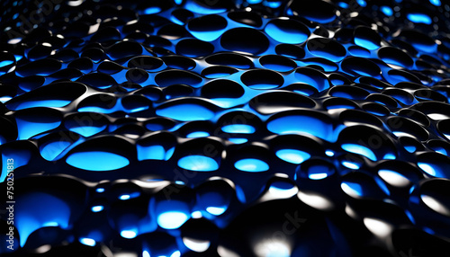 Abstract blue shapes with circles and dark background. 