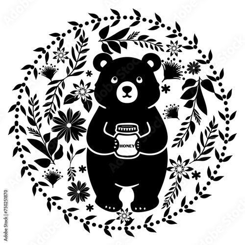 black and white vector silhouette illustration, bear with honey jar in round botanical frame	
