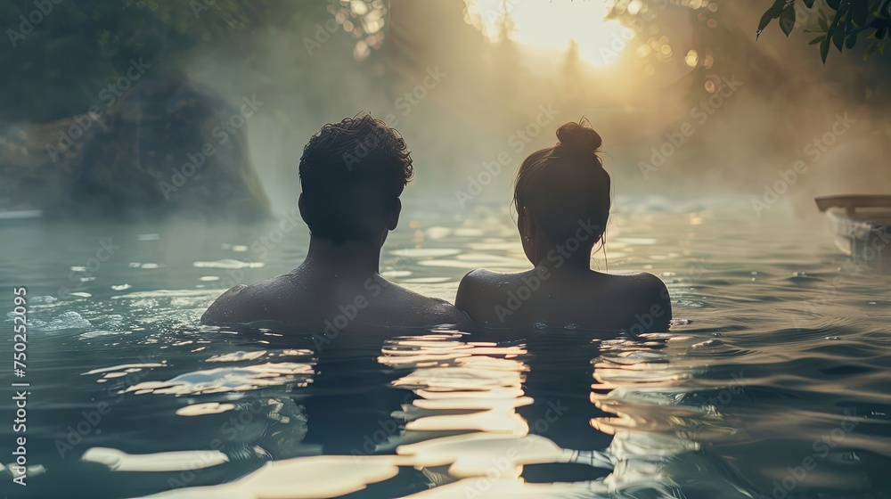 Black couple man woman swimming in thermal water nature pool concept wallpaper background - obrazy, fototapety, plakaty 