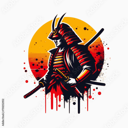 vector illustration of samurai warrior, side view,  isolated on white background with a red splashes and yellow sun