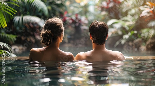 man and woman back view enjoying spa in thermal water bath on nature background commercial close up photo --ar 16:9 --v 6 Job ID: 9eb4e946-6b13-4875-9bcd-fc16ecbfd3e6