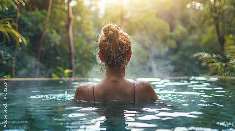 Fototapeta premium White woman swimming in thermal water nature pool concept wallpaper background