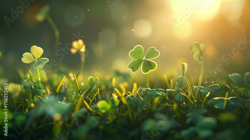 Up close photo of a sunkissed Four Leaf Clover on Grass. 