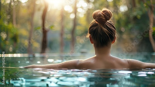 White woman swimming in thermal water nature pool concept wallpaper background