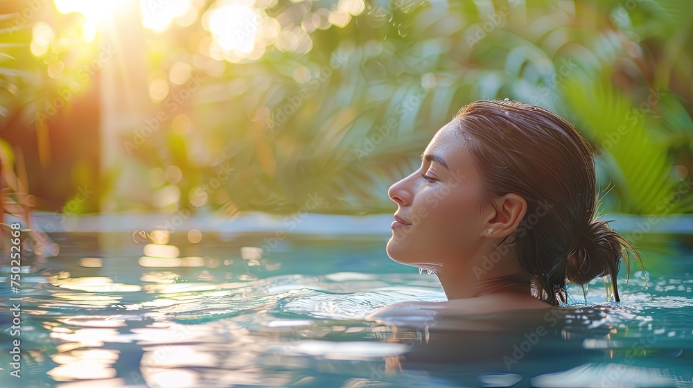 White woman swimming in thermal water nature pool concept wallpaper background