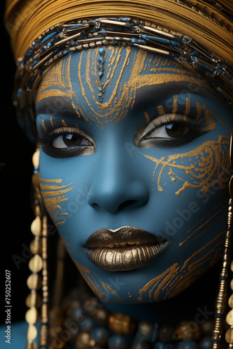 Afrikanische Frau mit blauem und goldenem Schmuck, Traditionelles Makeup, Makeup in blau und gold, Moderne und Tradition kombiniert