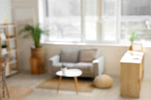 Blurred view of living room with sofa, table and window © Pixel-Shot