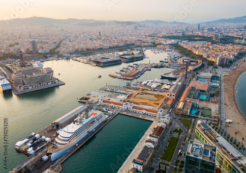 Image of aerial view from drones of old port in Barcelona with of sailboats and yachts © JackF
