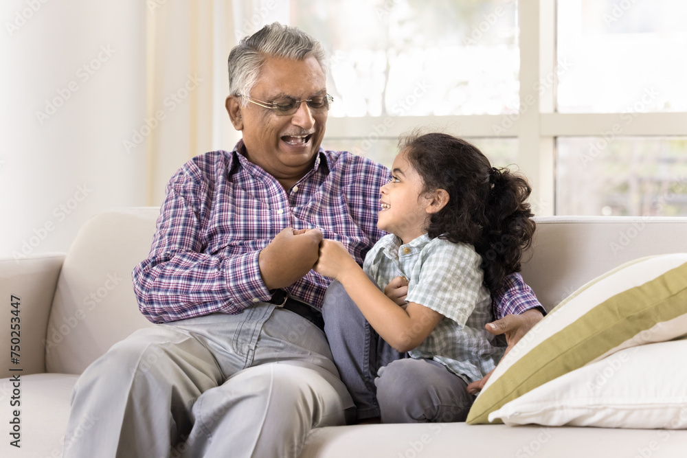 Cheerful old Indian great grandpa and cute little grandkid girl giving fist bumps, talking and laughing on couch, celebrating success, achievement, enjoying friendship, trust, family leisure Cheerful old Indian great grandpa and cute little grandkid girl giving fist bumps, talking and laughing on couch, celebrating success, achievement, enjoying friendship, trust, family leisure