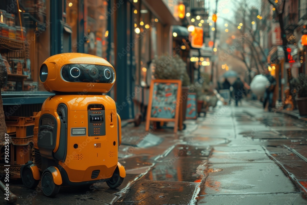 Robot courier on busy city roads, revolutionizing delivery logistics. Robot courier on busy city roads, revolutionizing delivery logistics.