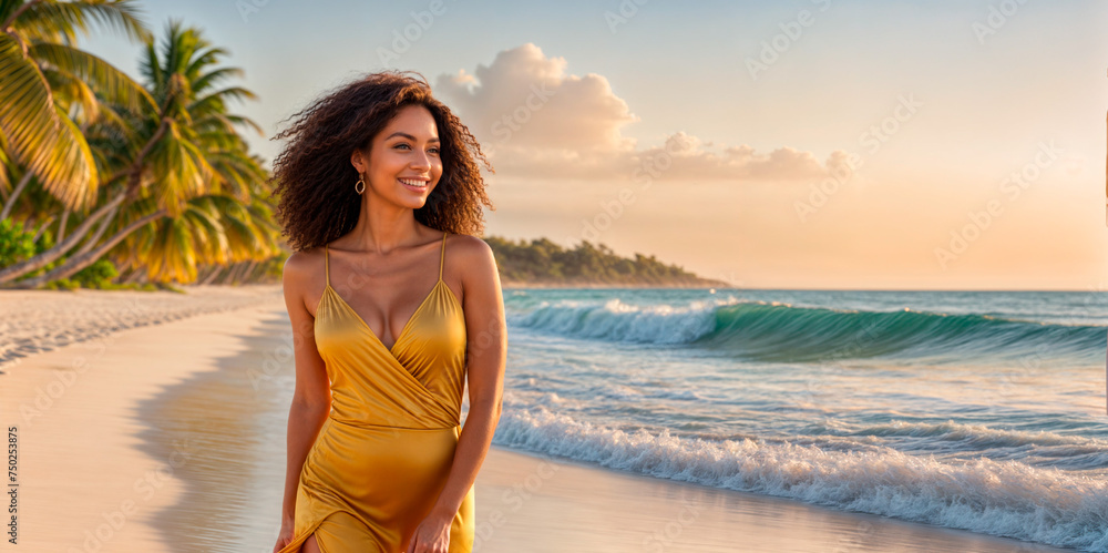 A woman in a yellow dress is walking on the beach. A woman in a yellow dress is walking on the beach.