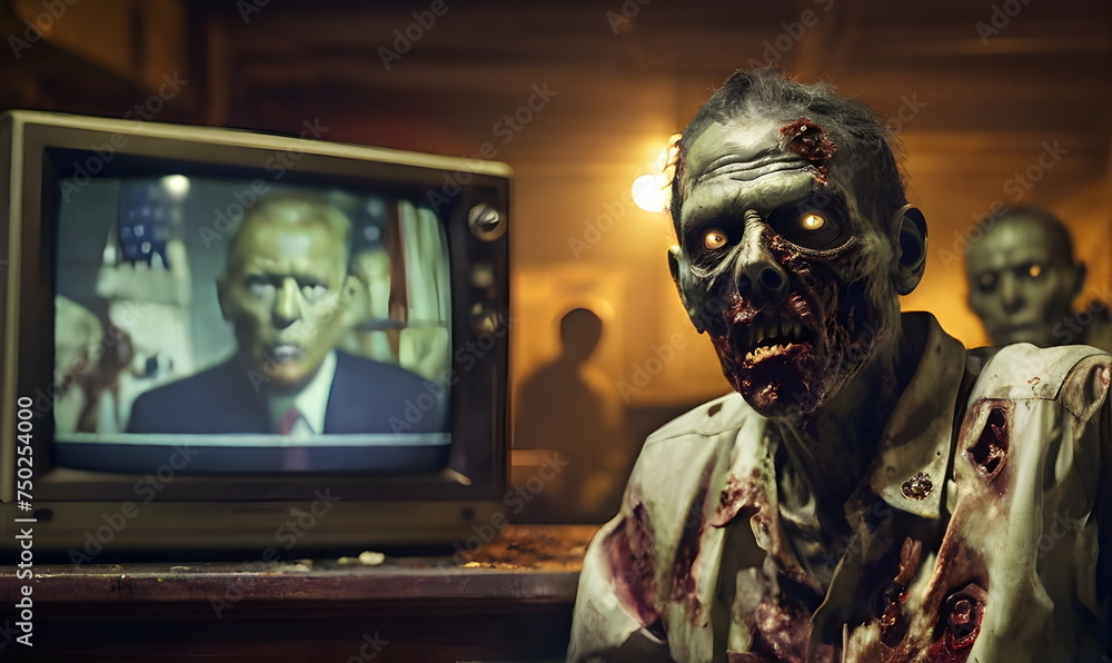 Zombies watching the tv propaganda - obrazy, fototapety, plakaty 