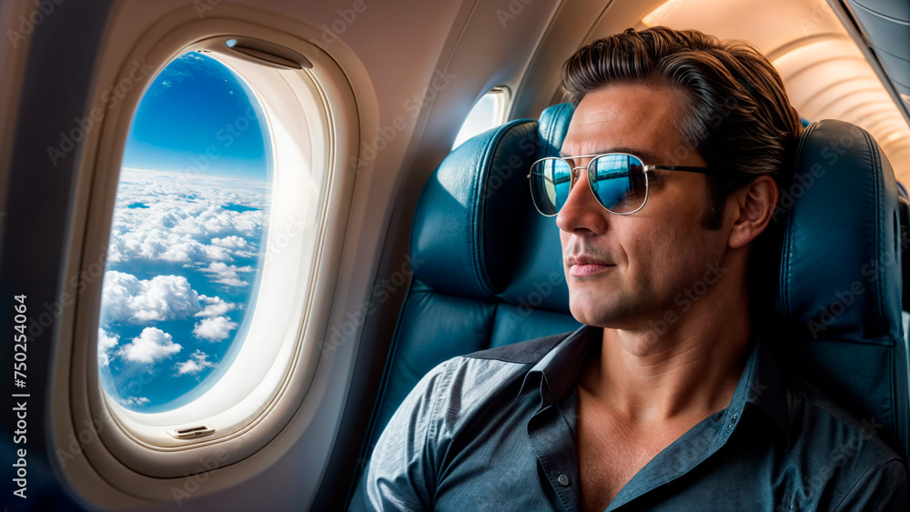 Naklejka premium A man wearing sunglasses sits in an airplane seat, looking out the window at the clouds below.