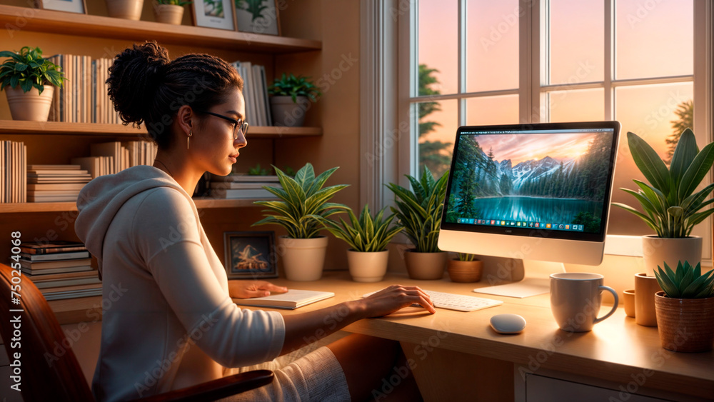 A woman sits at a desk in front of a computer screen. She is wearing glasses and a gray sweatshirt. The room is filled with multiple potted plants, some on the desk and others near the window. A woman sits at a desk in front of a computer screen. She is wearing glasses and a gray sweatshirt. The room is filled with multiple potted plants, some on the desk and others near the window.