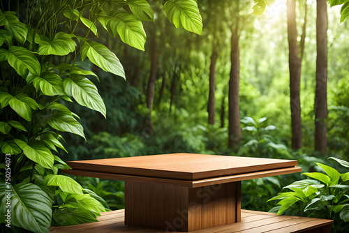 Wooden podium in tropical forest for product presentation and Nature tree pedestal plant eco concept. 3D illustration