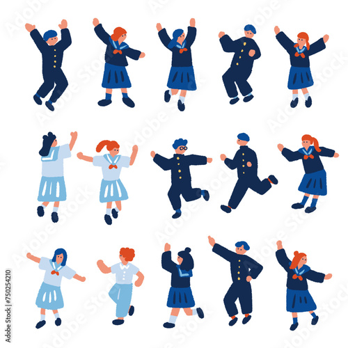 制服を着た元気な学生のフラットでシンプルなイラストセット
