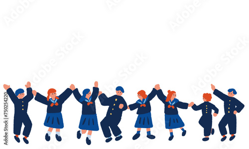 手を繋ぐ制服を着た学生のフラットでシンプルなイラスト
