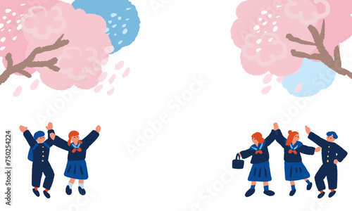 桜と制服を着た学生のフラットでシンプルなイラスト

