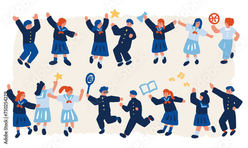 学校生活のイメージ、制服を着た元気な学生のフラットでシンプルなイラスト
